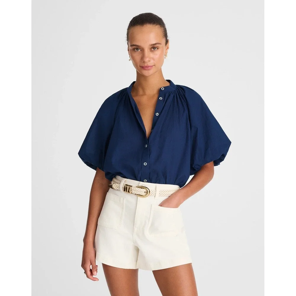 Madewell Women's Shirred Balloon-Sleeve Top Lawn Cotton Voile Blue XXS New